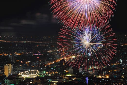 firework over Chaophraya river Bangkok on Father's day,Bangkok Thailand