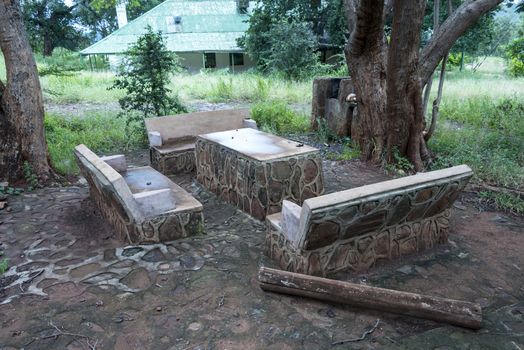 old concrete chair and benck in old gold mine village leysdorp in south africa