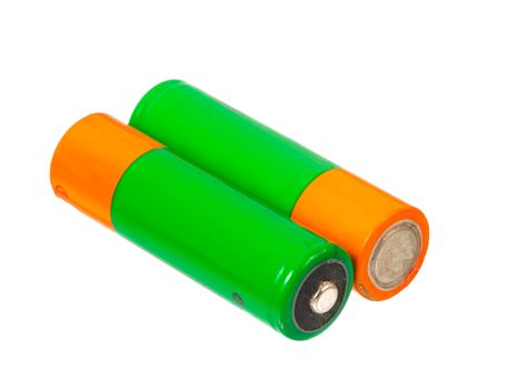 A pair of AA size batteries on white background