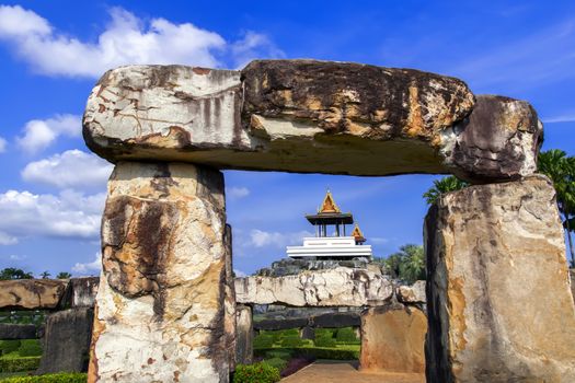 View to Pavillion from Stones of Stonehenge in Nong Nooch Garden. 