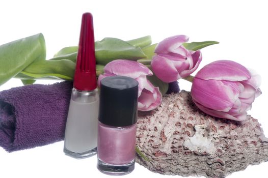 nail polish and tools  for manicure on  elegant fabric