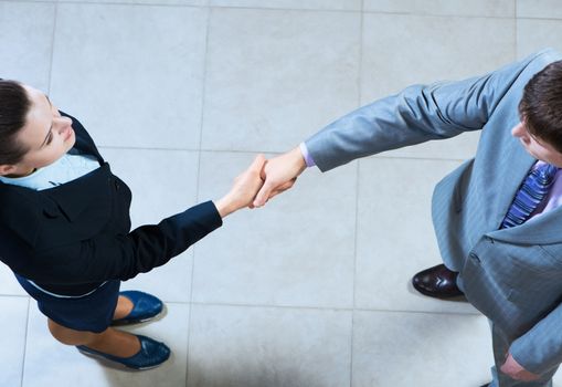 Business woman and businessman shaking hands, reach agreement