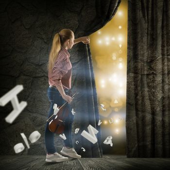 image of a young woman pushes the curtain behind which concert lights