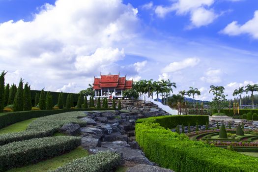 View to Wat from Stonehenge in Nong Nooch Garden. Thailand.