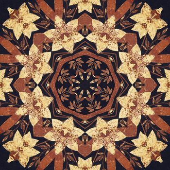 Abstract artistic pattern, seamless handmade floral ornament, applique from the back side of a birch bark on black fabric background