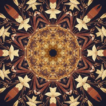 Abstract artistic pattern, seamless handmade floral ornament, applique from the back side of a birch bark on black fabric background
