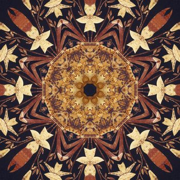 Abstract artistic pattern, seamless handmade floral ornament, applique from the back side of a birch bark on black fabric background