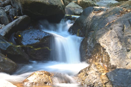 waterfall and rocks covered with moss in deep forest