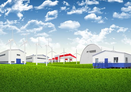 Blue sky, green grass and industrial area. architectural concept