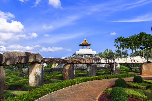 View to Pavillion from Stonehenge Path in Nong Nooch Garden. 