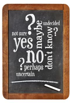 undecided concept - yes, no, maybe  word cloud on a vintage blackboard