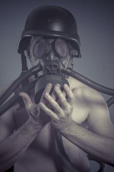 Nuclear, Man with black gas mask, pollution concept and ecological disaster