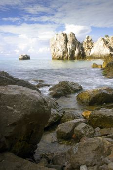 Stormy sea at sunrise in the bay Chekhov