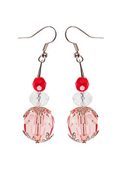 Earrings in red faceted glass with silver elements isolated on a white background. Collage. 