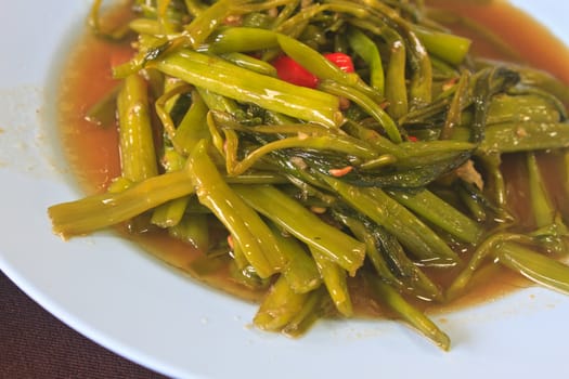 Stir Fried Water Spinach, Thai food close up