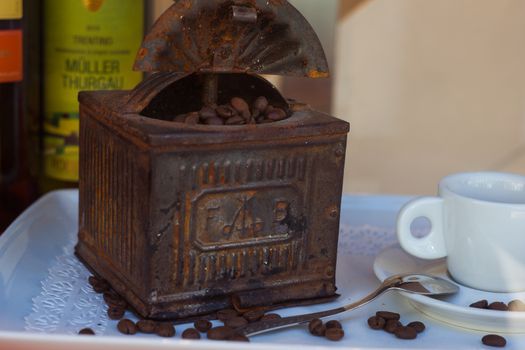 Close up of wooden spice mill for coffee