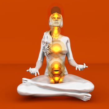 A woman performing a full chakra meditation. 3D rendered illustration. 