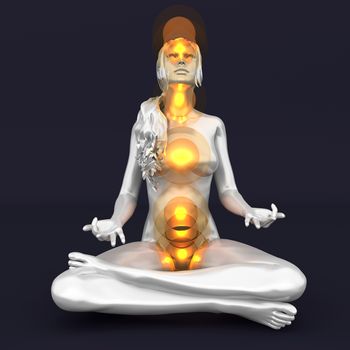 A woman performing a full chakra meditation. 3D rendered illustration. 