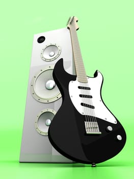 3D rendered Illustration. A guitar with a group of Speakers. 