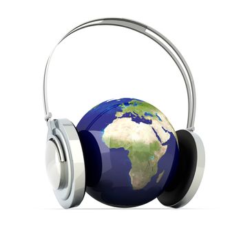 The music of Europe. Headphones and a world globe. 3D rendered Illustration. 