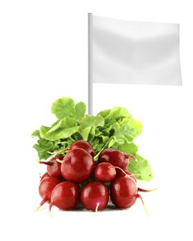 Healthy and organic food concept. Fresh Radishes with flag showing the benefits or the price of fruits.