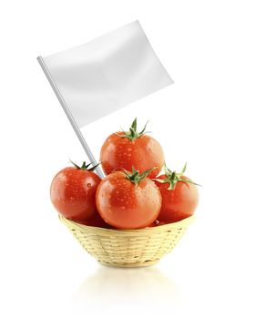 Healthy and organic food concept. Fresh Tomatoes in Dish straw with flag showing the benefits or the price of fruits.