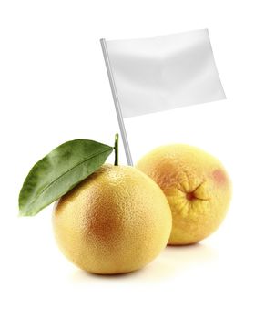 Healthy and organic food concept. Fresh Ripe appetizing grapefruit with flag showing the benefits or the price of fruits.