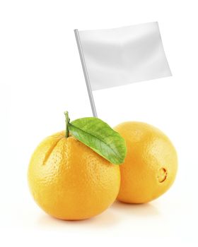 Healthy and organic food concept. Fresh Orange with flag showing the benefits or the price of fruits.