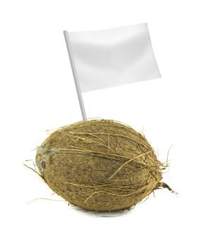 Healthy and organic food concept. Fresh coconut with flag showing the benefits or the price of fruits.