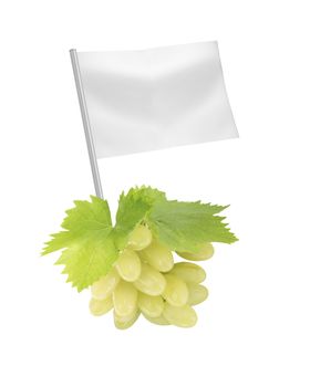 Healthy and organic food concept. Fresh green Ripe grapes with leaf with flag showing the benefits or the price of fruits.