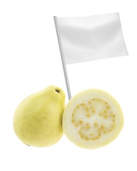 Healthy and organic food concept. Fresh Guava with flag showing the benefits or the price of fruits.