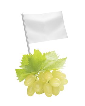 Healthy and organic food concept. Fresh green Ripe grapes with leaf with flag showing the benefits or the price of fruits.