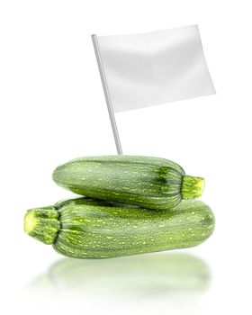 Healthy and organic food concept. Fresh zucchini with flag showing the benefits or the price of fruits.