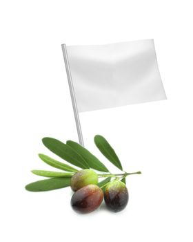 Healthy and organic food concept. Fresh olive with flag showing the benefits or the price of fruits.