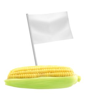 Healthy and organic food concept. Fresh ear of corn with flag showing the benefits or the price of fruits.
