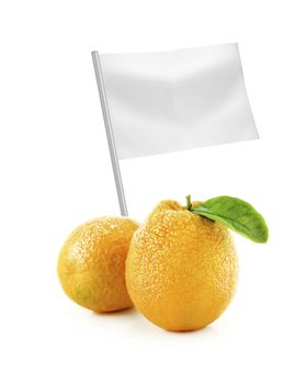 Healthy and organic food concept. Fresh Orange with flag showing the benefits or the price of fruits.