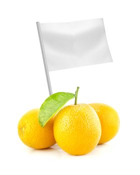 Healthy and organic food concept. Fresh Orange with flag showing the benefits or the price of fruits.