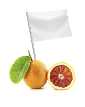 Healthy and organic food concept. Fresh Orange with flag showing the benefits or the price of fruits.