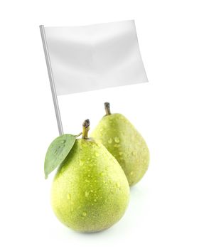 Healthy and organic food concept. Fresh Green Pears with flag showing the benefits or the price of fruits.