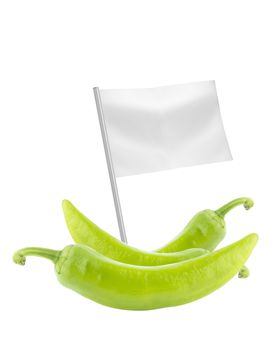 Healthy and organic food concept. Fresh green hot chili pepper with flag showing the benefits or the price of fruits.