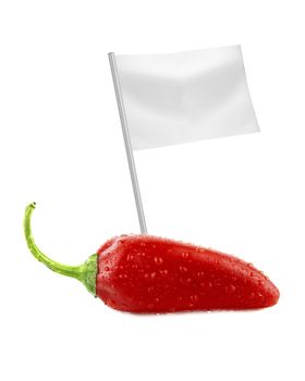 Healthy and organic food concept. Fresh red hot chili pepper with flag showing the benefits or the price of fruits.