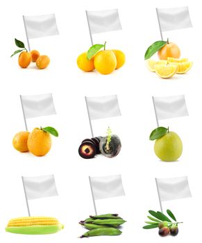 Healthy and organic food concept. Set of fresh fruits and vegetables with flag showing the benefits or the price of fruits.
