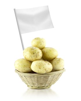 Healthy and organic food concept. Fresh Potato with flag showing the benefits or the price of fruits.