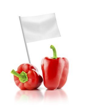 Healthy and organic food concept. Fresh red Pepper with flag showing the benefits or the price of fruits.