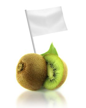 Healthy and organic food concept. Fresh kiwi with flag showing the benefits or the price of fruits.