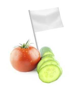 Healthy and organic food concept. Fresh tomatoe with Slices of cucumber with flag showing the benefits or the price of fruits.