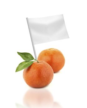 Healthy and organic food concept. Fresh tangerine with flag showing the benefits or the price of fruits.