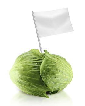 Healthy and organic food concept. Fresh green cabbage with flag showing the benefits or the price of fruits.