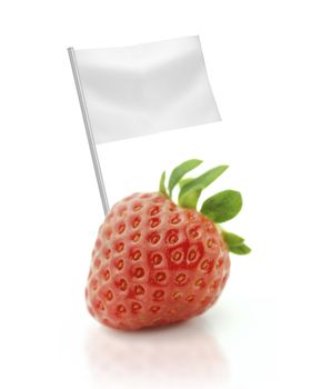 Healthy and organic food concept. Fresh Strawberry with flag showing the benefits or the price of fruits.