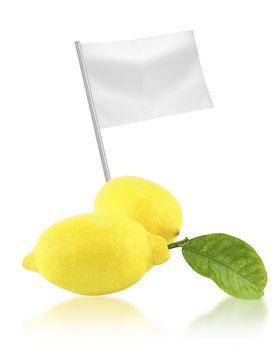 Healthy and organic food concept. Fresh lemon with flag showing the benefits or the price of fruits.